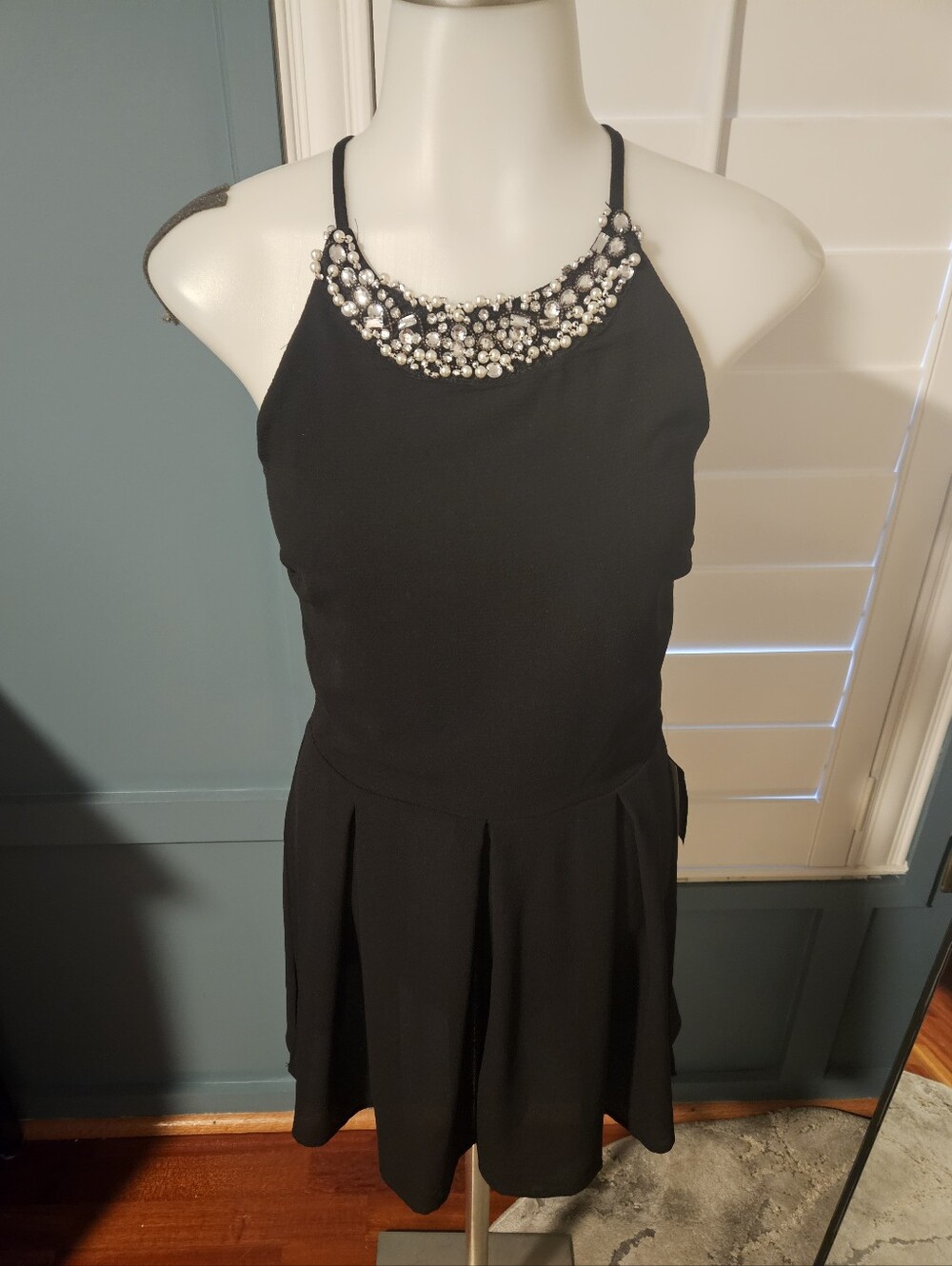 Teeze Me Black Halter Romper With Jewel Neckline NWT